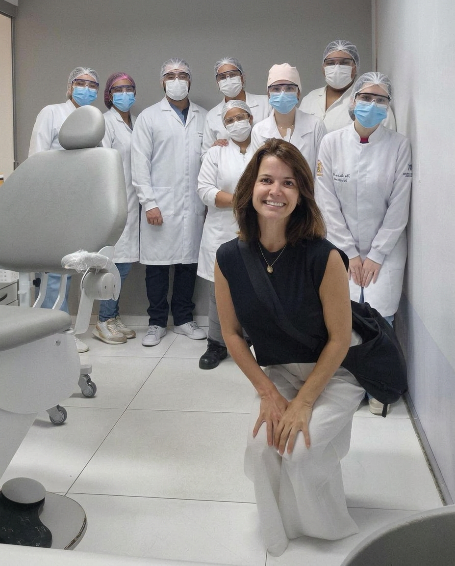 Laila Campolina orientando uma equipe durante um treinamento em uma clínica odontológica