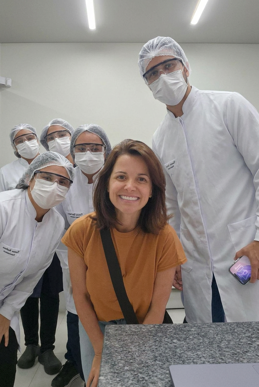 Equipe de clínica reunida com a mentora durante treinamento de biossegurança