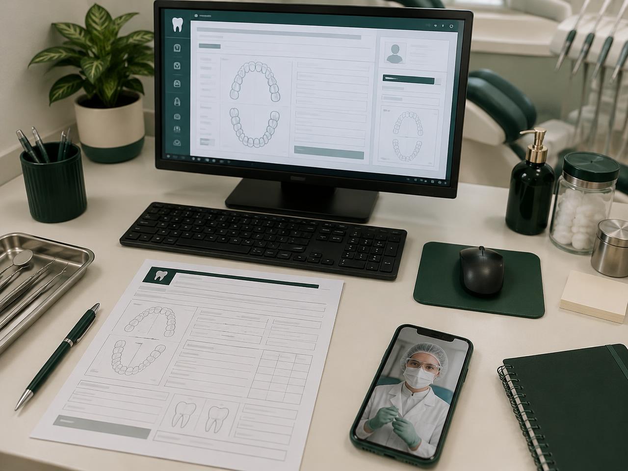 Cena ilustrativa com computador exibindo sistema com ficha odontológica digital, ficha impressa e celular na mesa, mostrando profissional com EPI completo