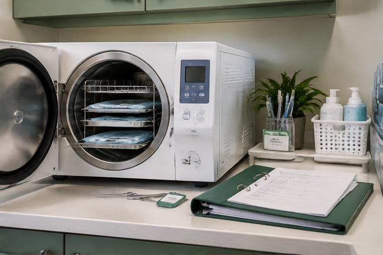 Autoclave e pasta para organização dos controles de manutenção