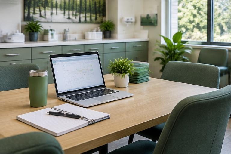 Mesa de planejamento em uma clínica com agenda e computador