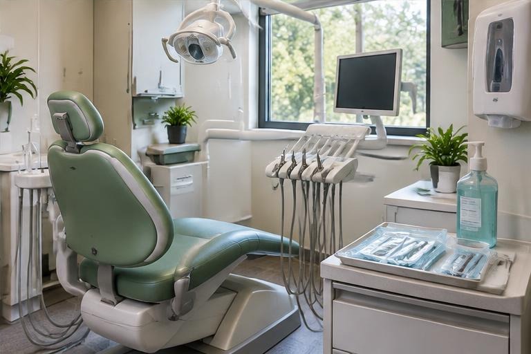 Ambiente odontológico organizado com cadeira, materiais e estação de higienização