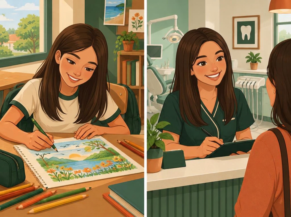 Ilustração em dois quadros: Laila desenhando na escola nas férias e trabalhando na recepção de uma clínica odontológica