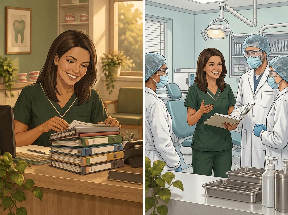 Ilustração em dois quadros: Laila organizando pastas de POPs na recepção da sua clínica e, ao lado, explicando um procedimento a dentistas com EPIs