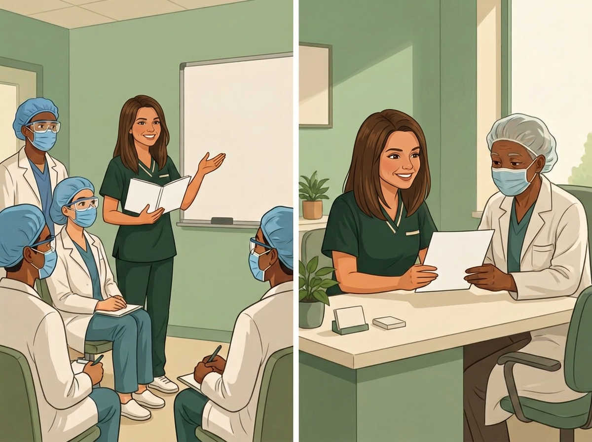 Ilustração em dois quadros: Laila conduz um treinamento para profissionais de jaleco, touca e máscara e, ao lado, orienta um profissional sentado à mesa
